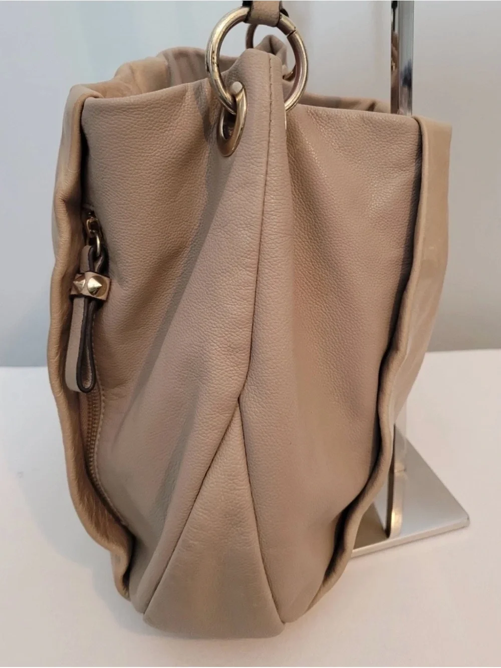 Vince Camuto Leather Hobo Shoulder Bag Taupe Tan Chain Accent Boho